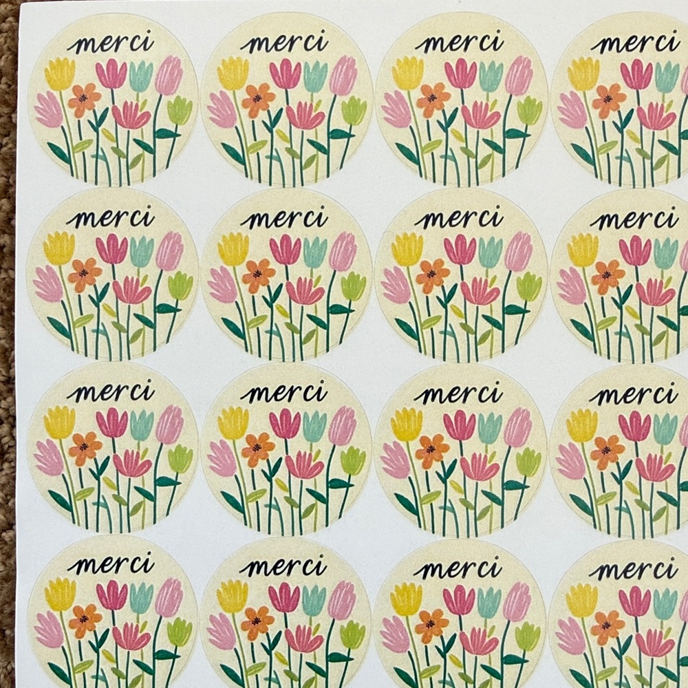 NEW {40 piece} Beautiful merci floral thank you stickers. 2”